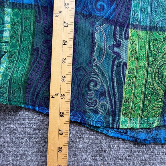 Liz Claiborne Top Womens L Green Blue Paisley Popover Blouse Sheer Silver Button - Picture 12 of 13